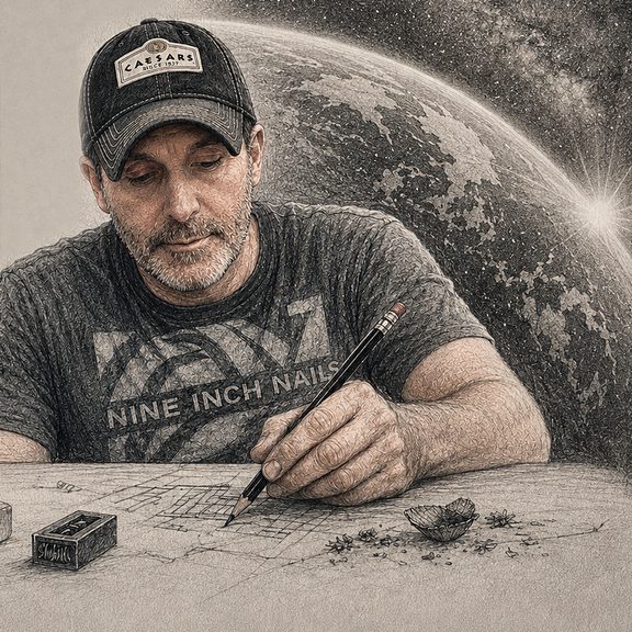 Pencil-sketch portrait of Jarbo, Senior Principal of Legacy Way, hand-drafting a site plan.