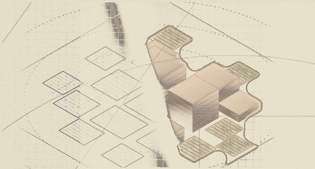 Isometric Legacy Way process diagram: modular blocks for development feasibility and program advisory, site planning, and massing and 3D visualization, threaded by flow lines for cost to build, market and capital constraints, resolving into stacked buildable volumes.